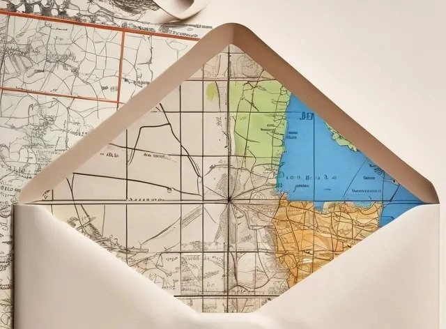 Open envelope showing an inner design that resembles a map